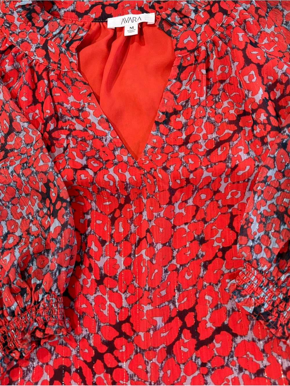 Avara Red Leopard Print Blouse | Sheer Sleeves | Fully Lined | Size Medium - Picture 3 of 4